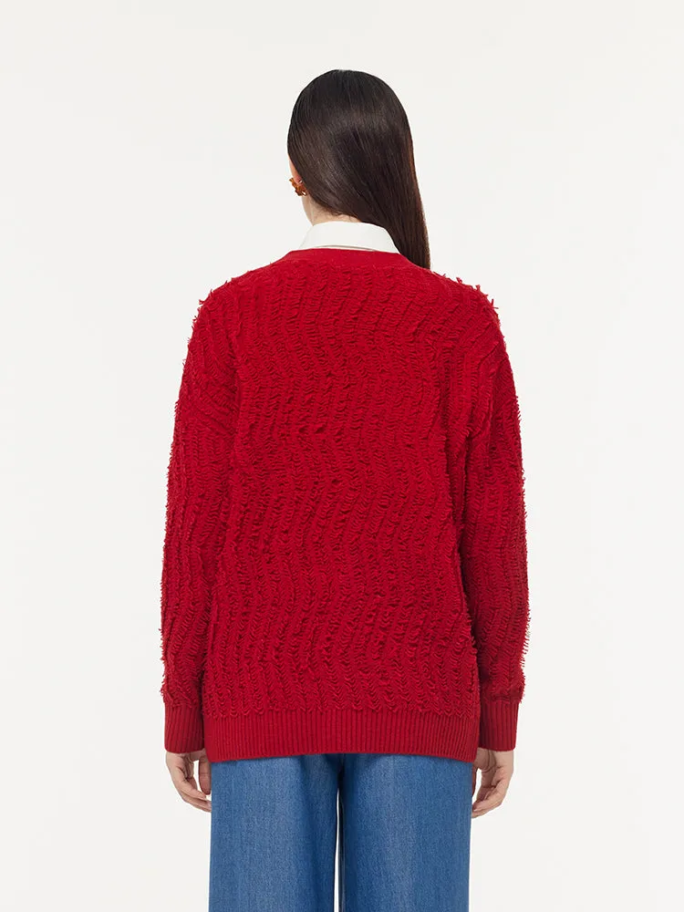 100% Wool Chili Red Women Cardigan