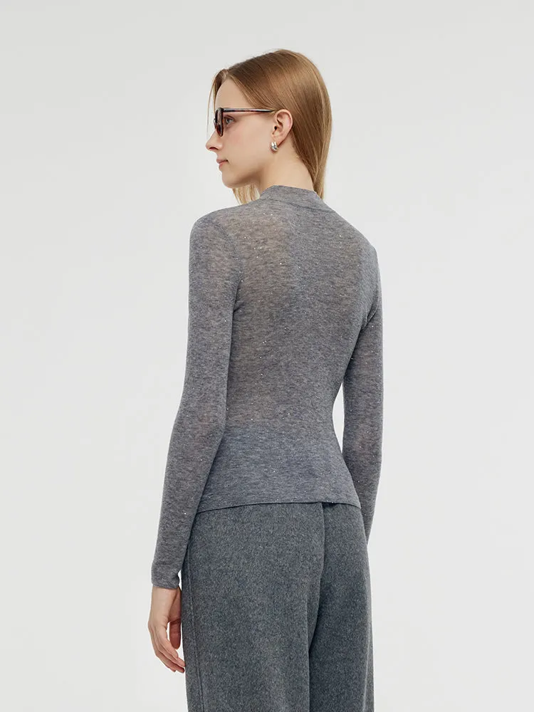 100% Wool Mock Neck Women Long Sleeve Top