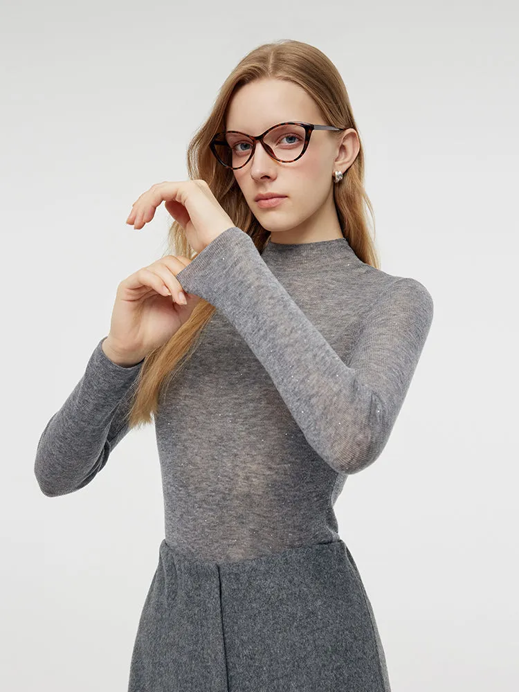 100% Wool Mock Neck Women Long Sleeve Top