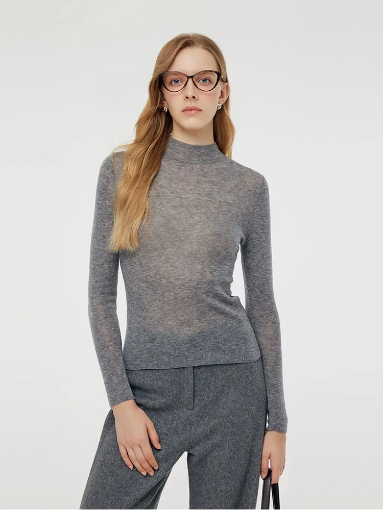 100% Wool Mock Neck Women Long Sleeve Top