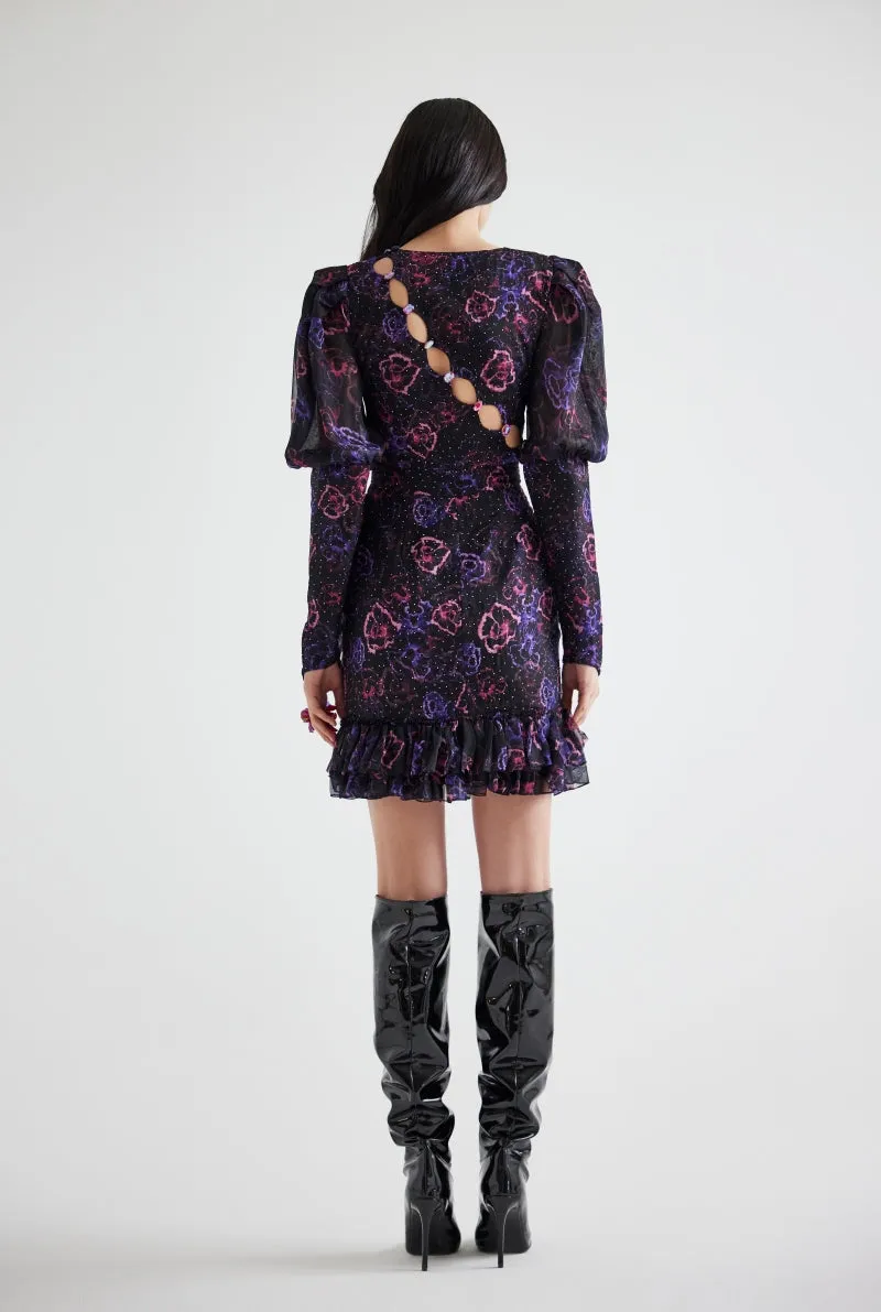 ASYMMETRIC STONE PRINTED FLORAL PATTERNED MINI DRESS IN PURPLE FLORAL