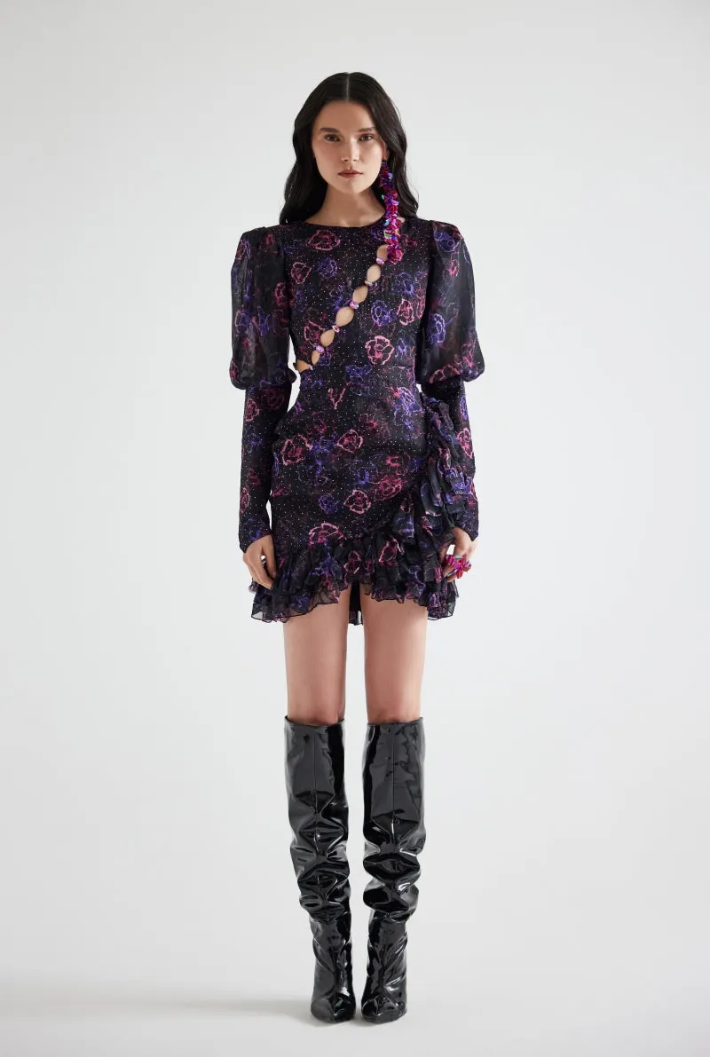 ASYMMETRIC STONE PRINTED FLORAL PATTERNED MINI DRESS IN PURPLE FLORAL