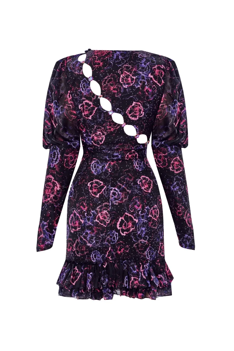 ASYMMETRIC STONE PRINTED FLORAL PATTERNED MINI DRESS IN PURPLE FLORAL