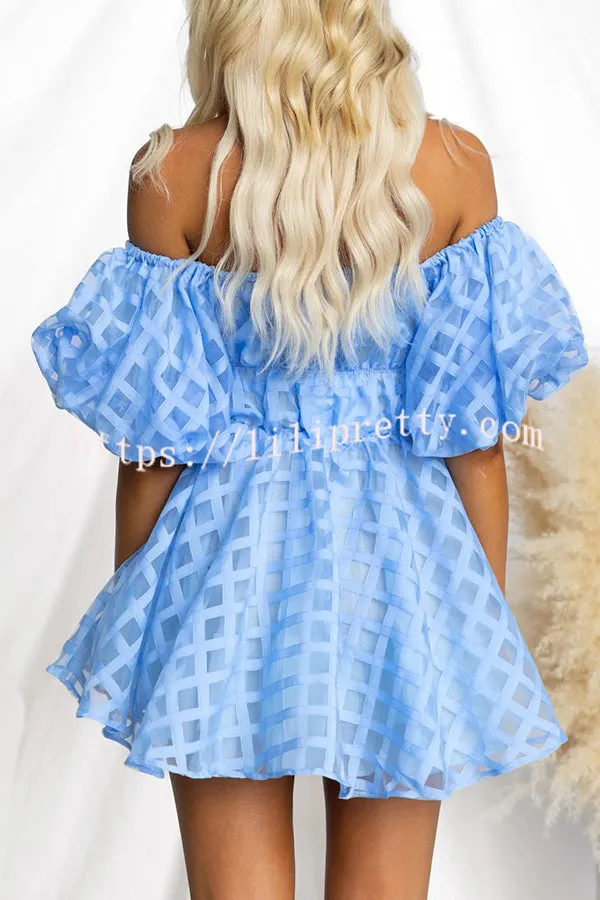 Barbie Night Square Patterned Fabric Puff Sleeve Mini Dress