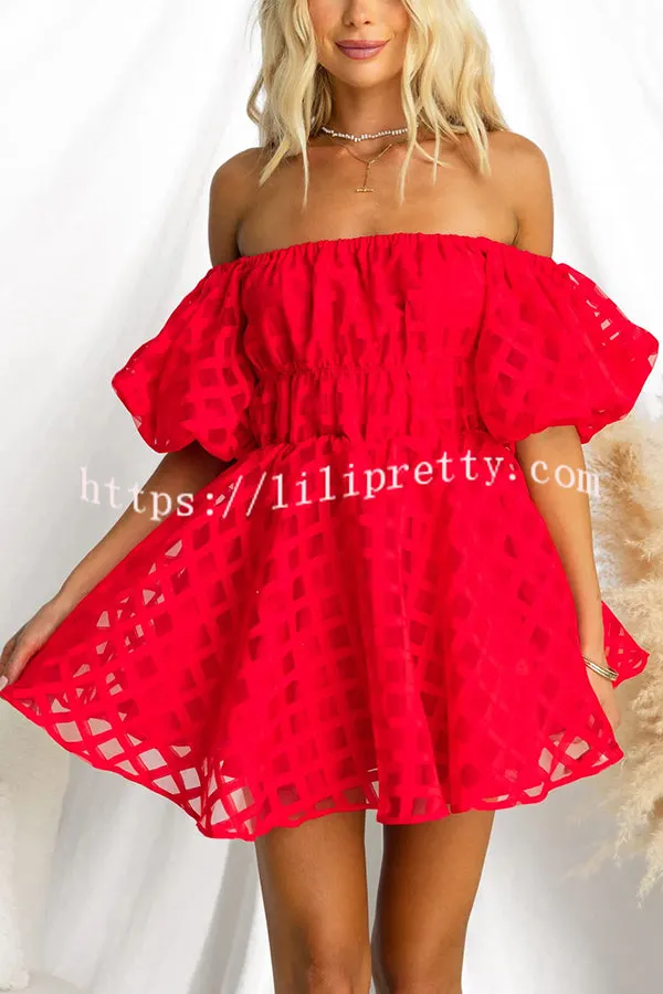 Barbie Night Square Patterned Fabric Puff Sleeve Mini Dress