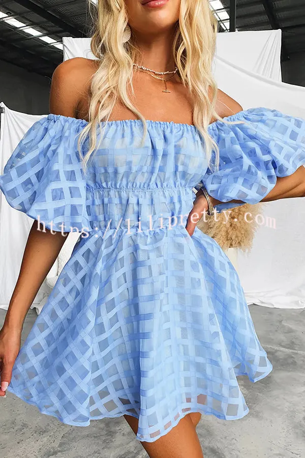 Barbie Night Square Patterned Fabric Puff Sleeve Mini Dress