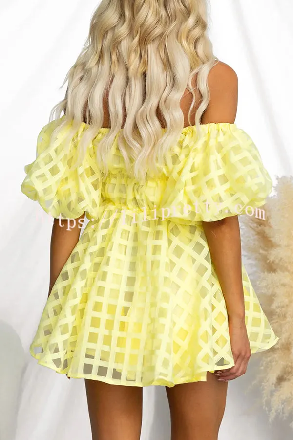 Barbie Night Square Patterned Fabric Puff Sleeve Mini Dress