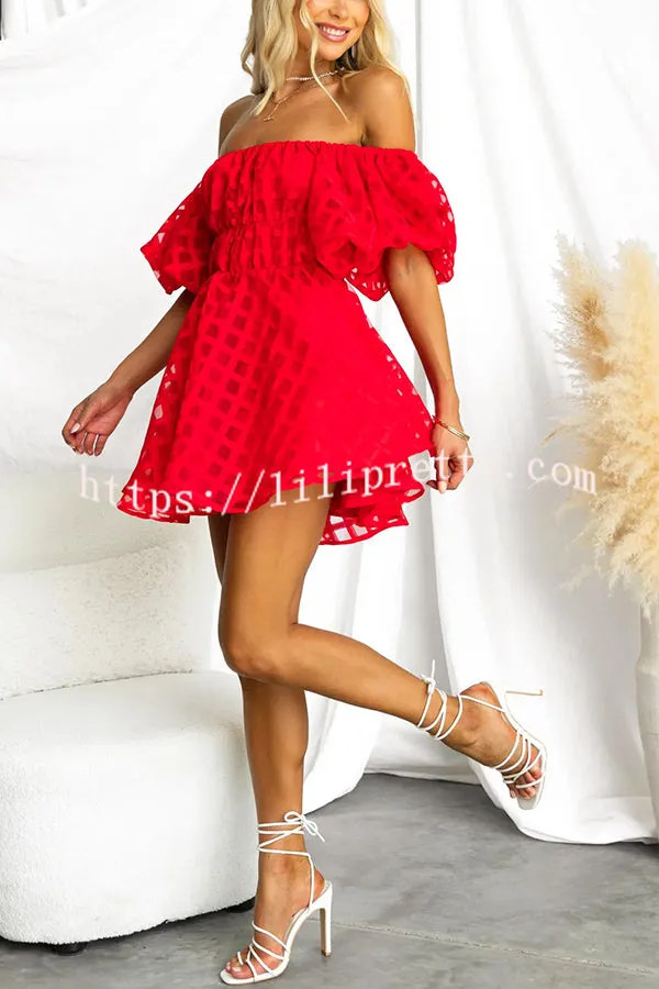 Barbie Night Square Patterned Fabric Puff Sleeve Mini Dress