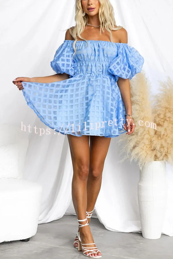 Barbie Night Square Patterned Fabric Puff Sleeve Mini Dress