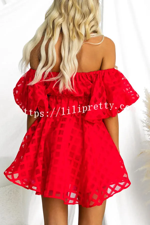 Barbie Night Square Patterned Fabric Puff Sleeve Mini Dress