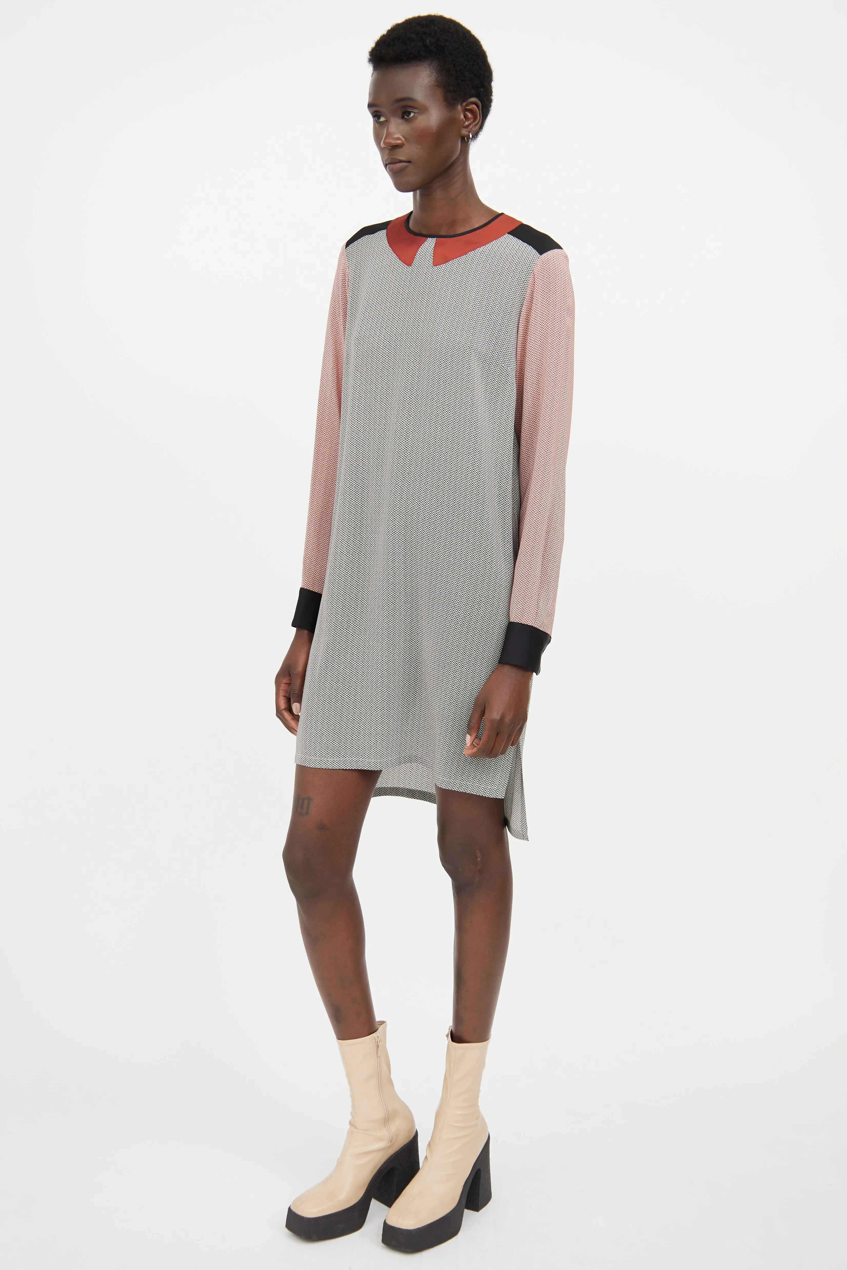 Black & Orange Silk Geometric Shirt Dress