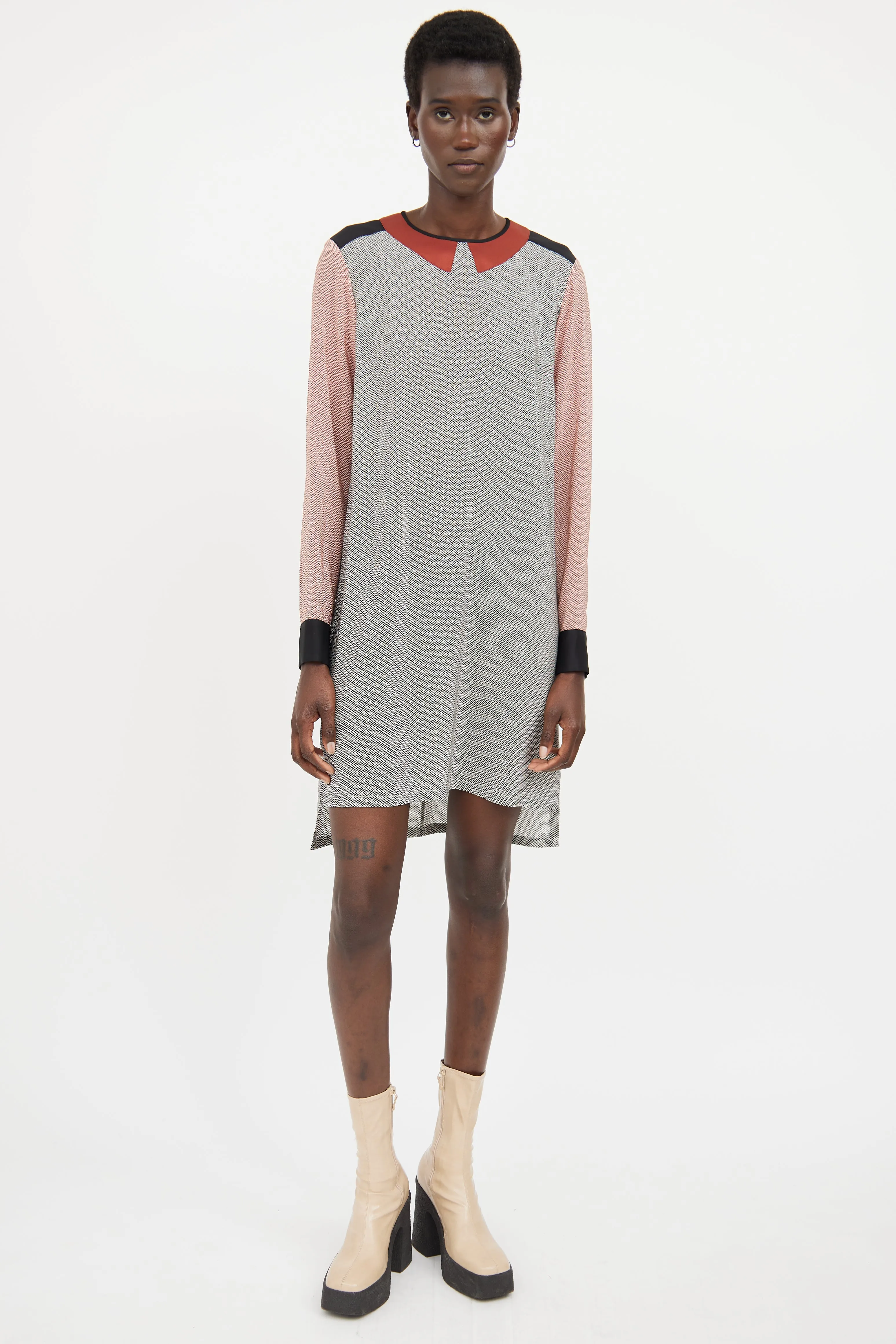 Black & Orange Silk Geometric Shirt Dress