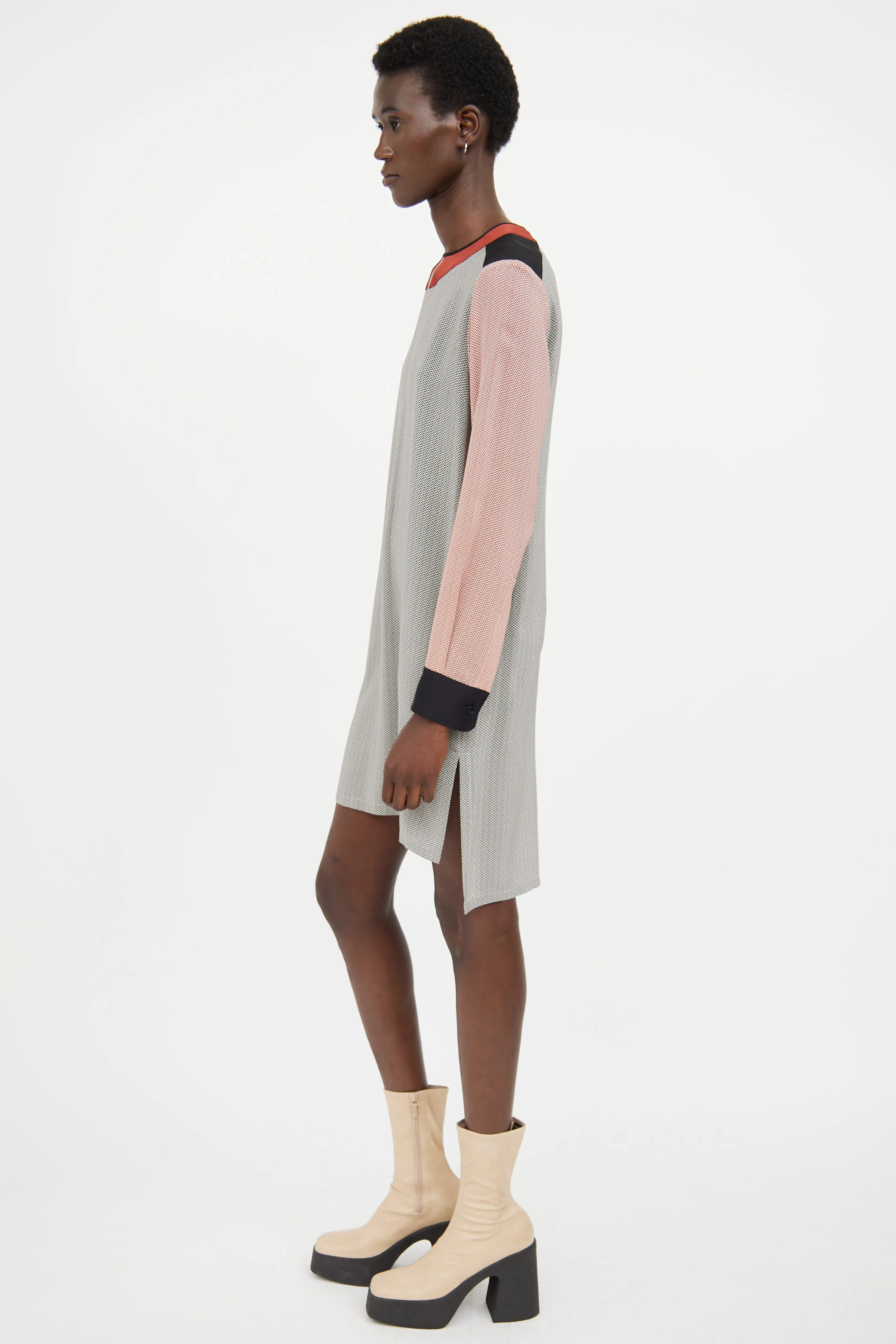 Black & Orange Silk Geometric Shirt Dress