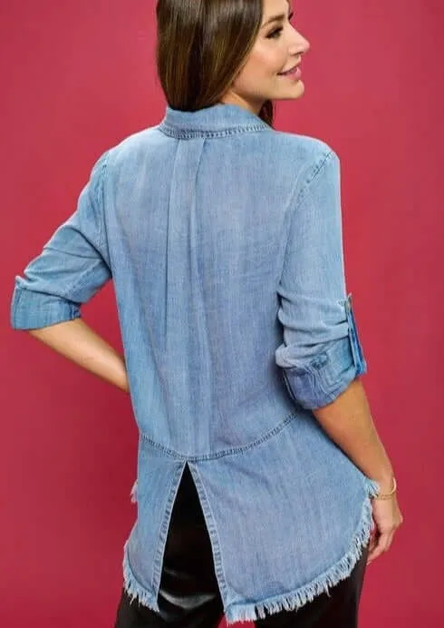 Favorite Denim Washed Shirt with Fringe Hem CLEARANCE FINAL SALE