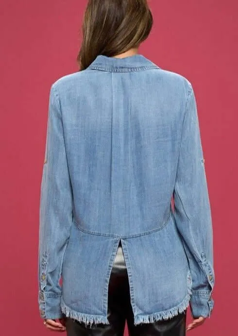 Favorite Denim Washed Shirt with Fringe Hem CLEARANCE FINAL SALE