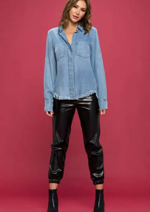 Favorite Denim Washed Shirt with Fringe Hem CLEARANCE FINAL SALE