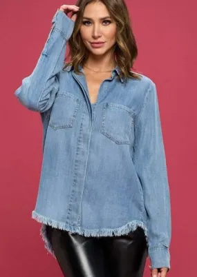 Favorite Denim Washed Shirt with Fringe Hem CLEARANCE FINAL SALE