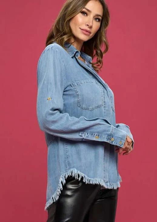 Favorite Denim Washed Shirt with Fringe Hem CLEARANCE FINAL SALE