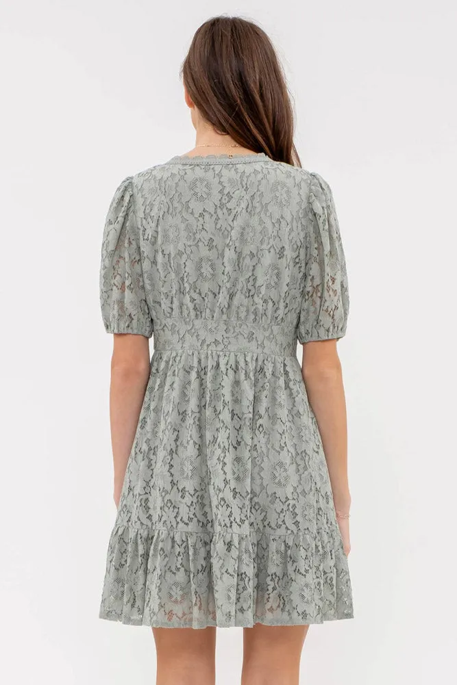 Floral Lace Button Front Mini Dress in Lt. Sage by Blu Pepper