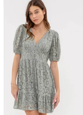 Floral Lace Button Front Mini Dress in Lt. Sage by Blu Pepper