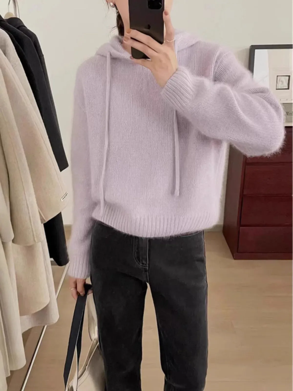 Flytonn-Fashion all loose short hooded cashmere knitwear women's autumn and winter thick woolen hoodie pure woolen sweater hoodie