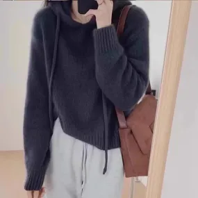 Flytonn-Fashion all loose short hooded cashmere knitwear women's autumn and winter thick woolen hoodie pure woolen sweater hoodie