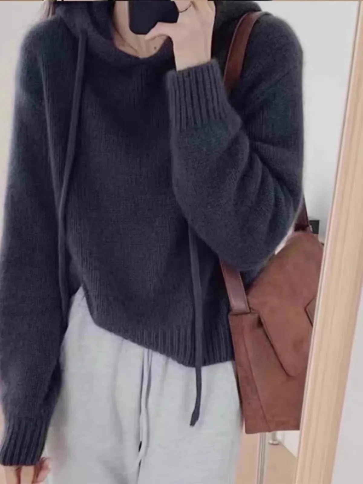 Flytonn-Fashion all loose short hooded cashmere knitwear women's autumn and winter thick woolen hoodie pure woolen sweater hoodie