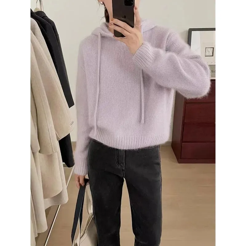 Flytonn-Fashion all loose short hooded cashmere knitwear women's autumn and winter thick woolen hoodie pure woolen sweater hoodie