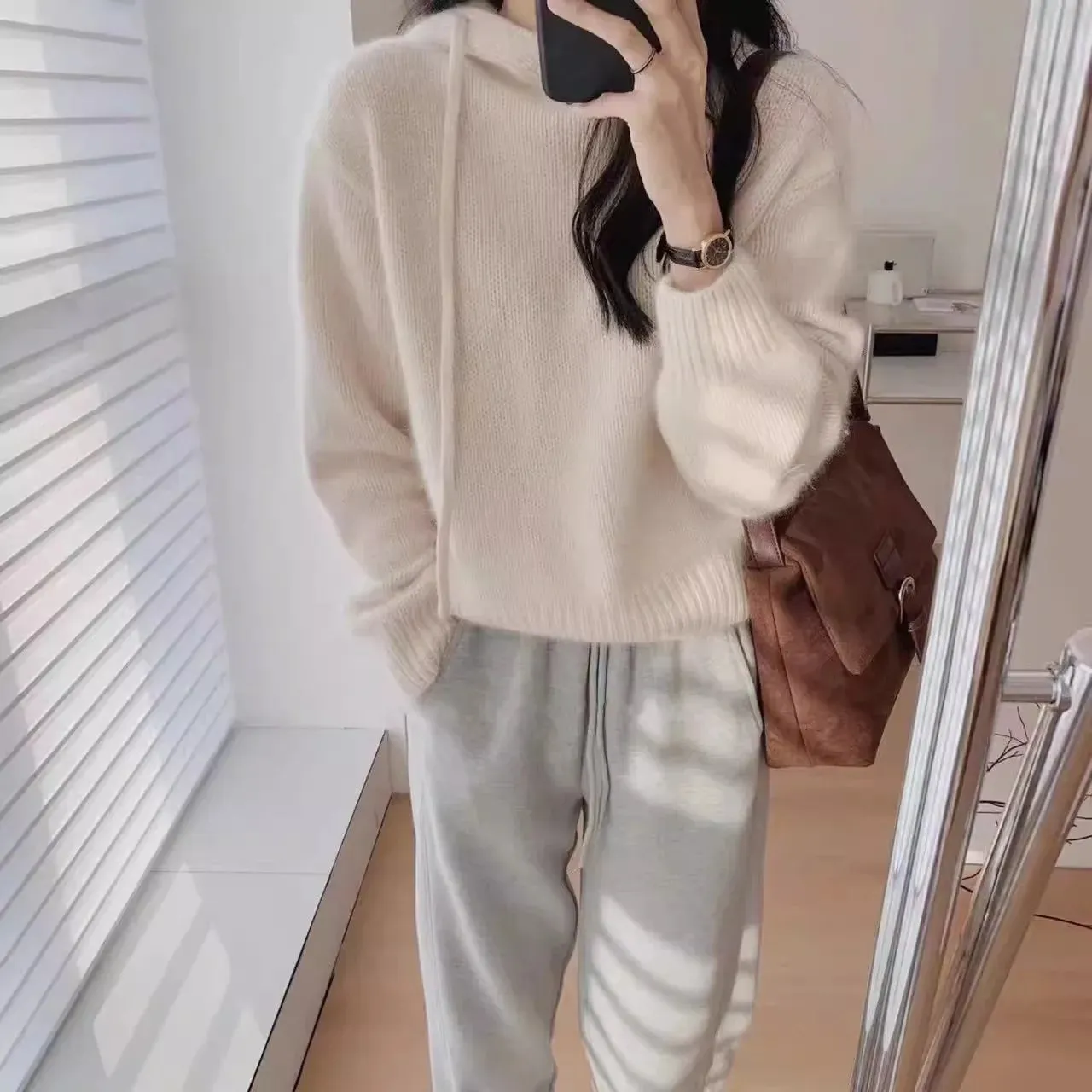 Flytonn-Fashion all loose short hooded cashmere knitwear women's autumn and winter thick woolen hoodie pure woolen sweater hoodie