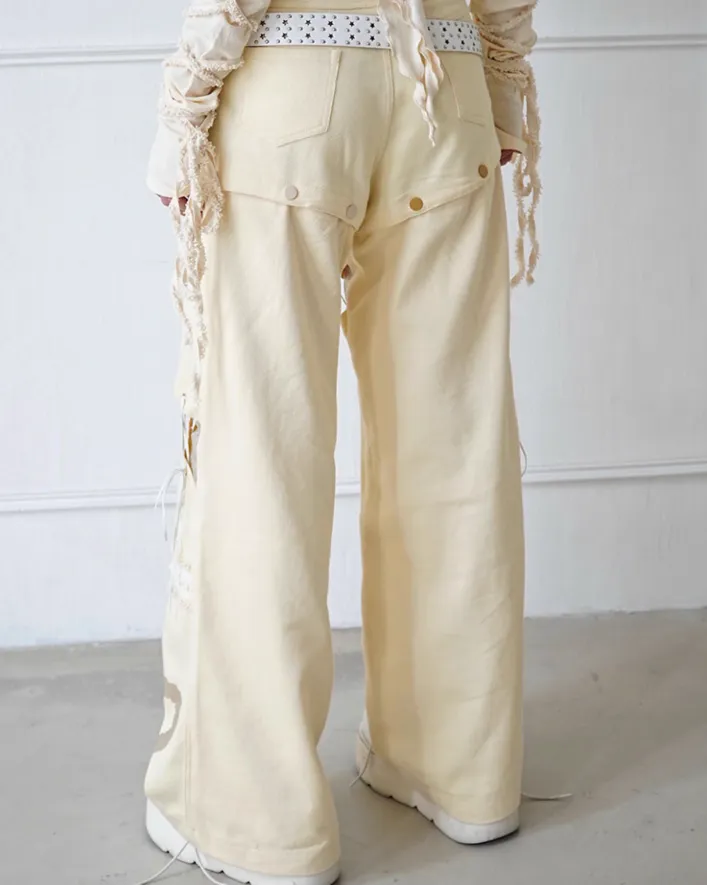 Light Beige Hollow Straps Detachable Versatile Jeans WSW0016
