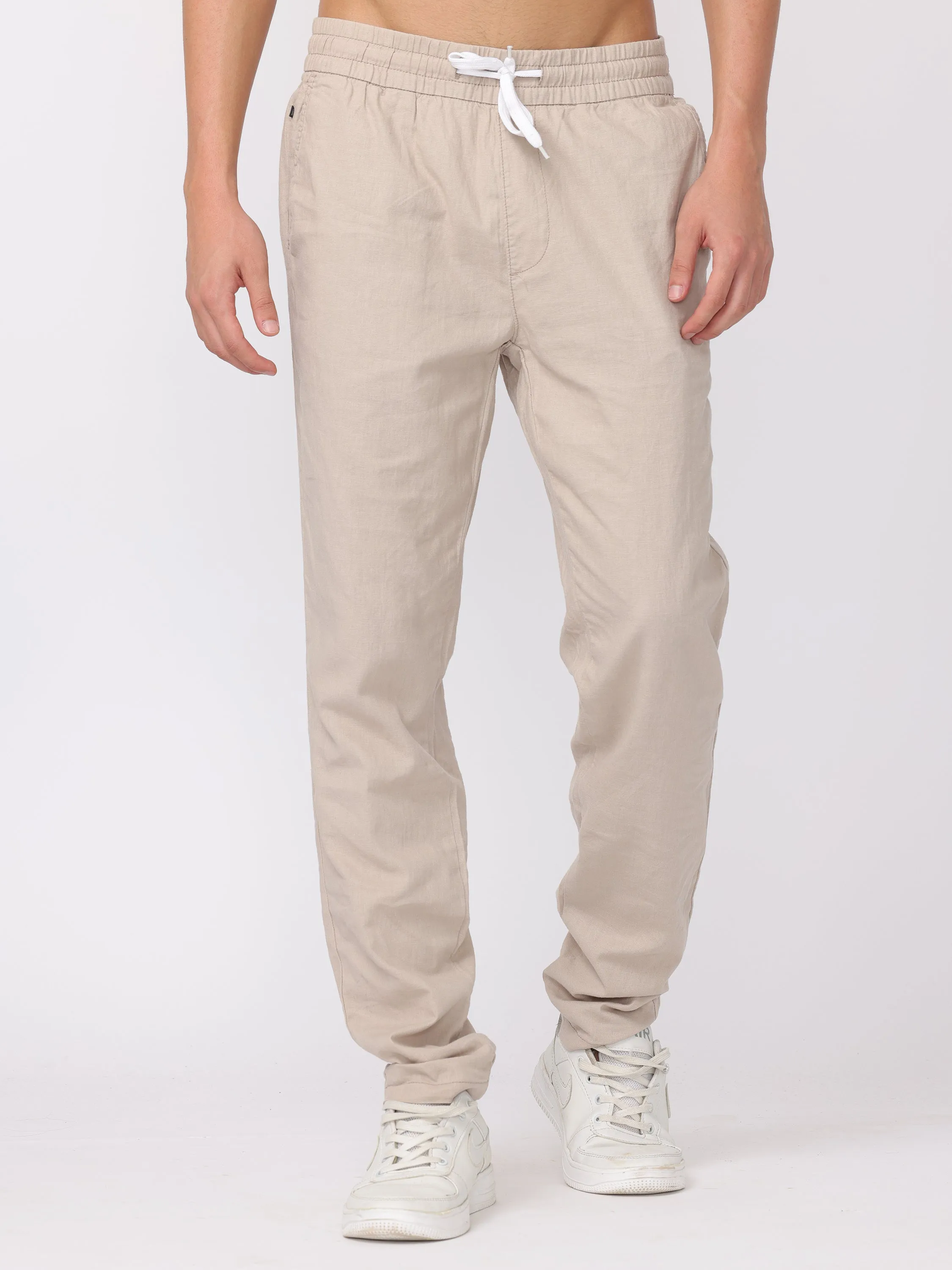 Men Light Beige Regular Fit Linen Blend Pants