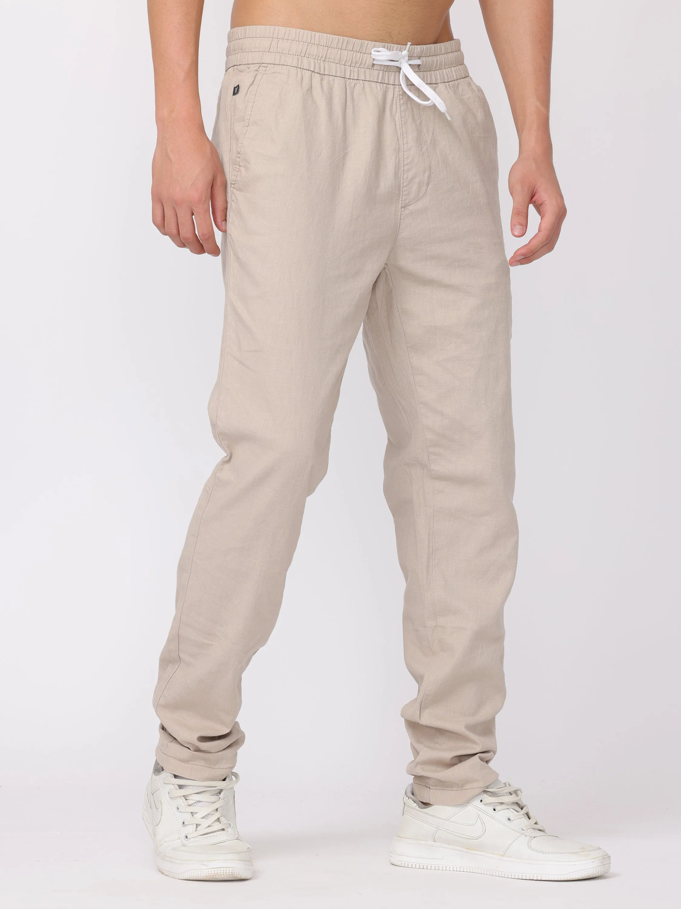 Men Light Beige Regular Fit Linen Blend Pants