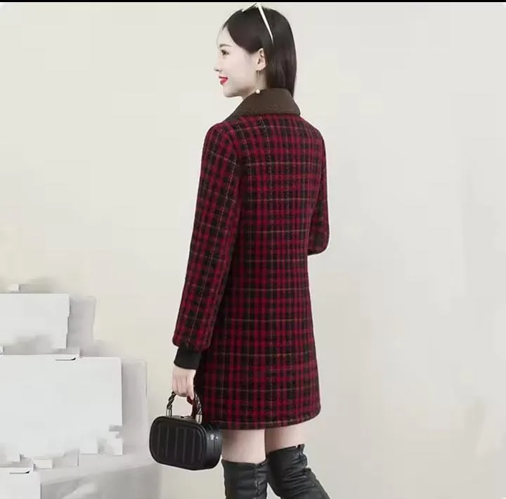 Middle-aged women's winter imitation mink cashmere long coat, plush knitted cardigan, plaid woolen jacket   X738255