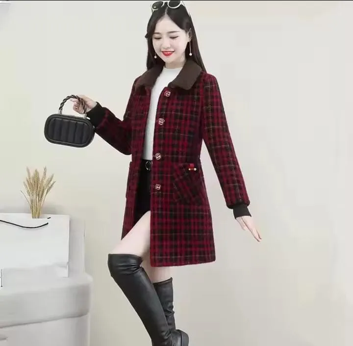 Middle-aged women's winter imitation mink cashmere long coat, plush knitted cardigan, plaid woolen jacket   X738255