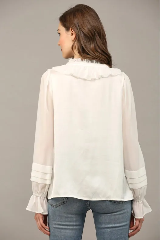 Mixed Media Ruffle Detail Split Neck Blouse