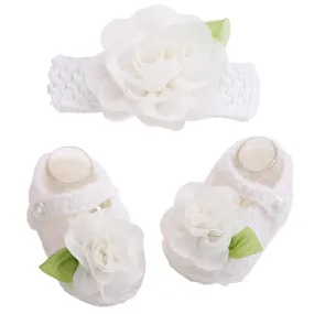 Newborn Collection (Set) :  Snow White Flowers Woolen Shoes & Headband For Newborn Baby Girl (In One Set)!