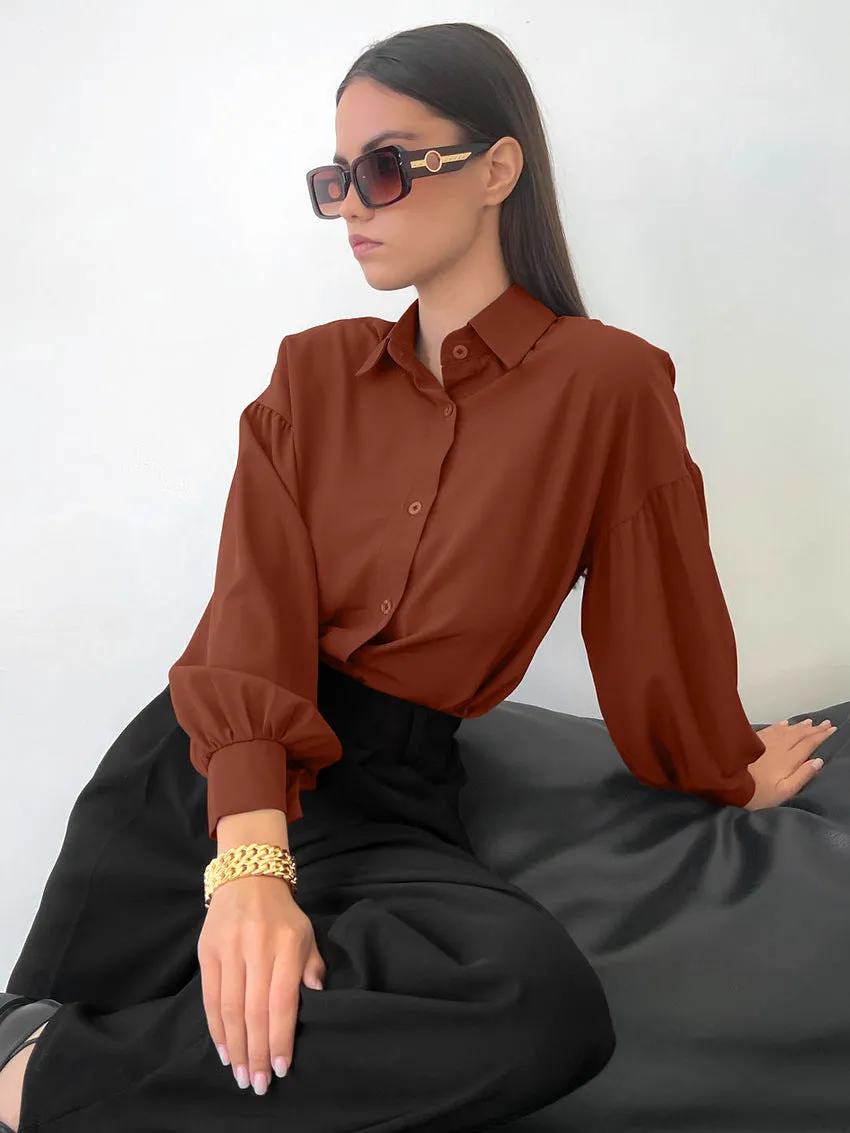 Versatile Commuter Casual Fashion Solid Color Lantern Sleeve Shirt Wholesale Women Top