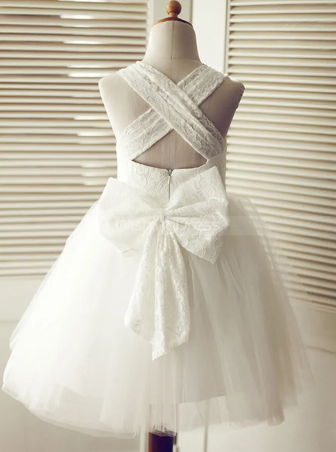 White Ball Gown Flower Girl Dress,Knee Length Flower Girl Dress,FD00099