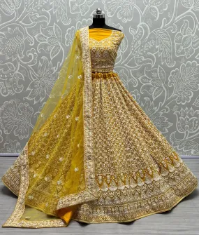 Yellow Bridal Silk Lehenga with Pure Net and Sequins Work Patterned thread work Bridal Lehenga Choli