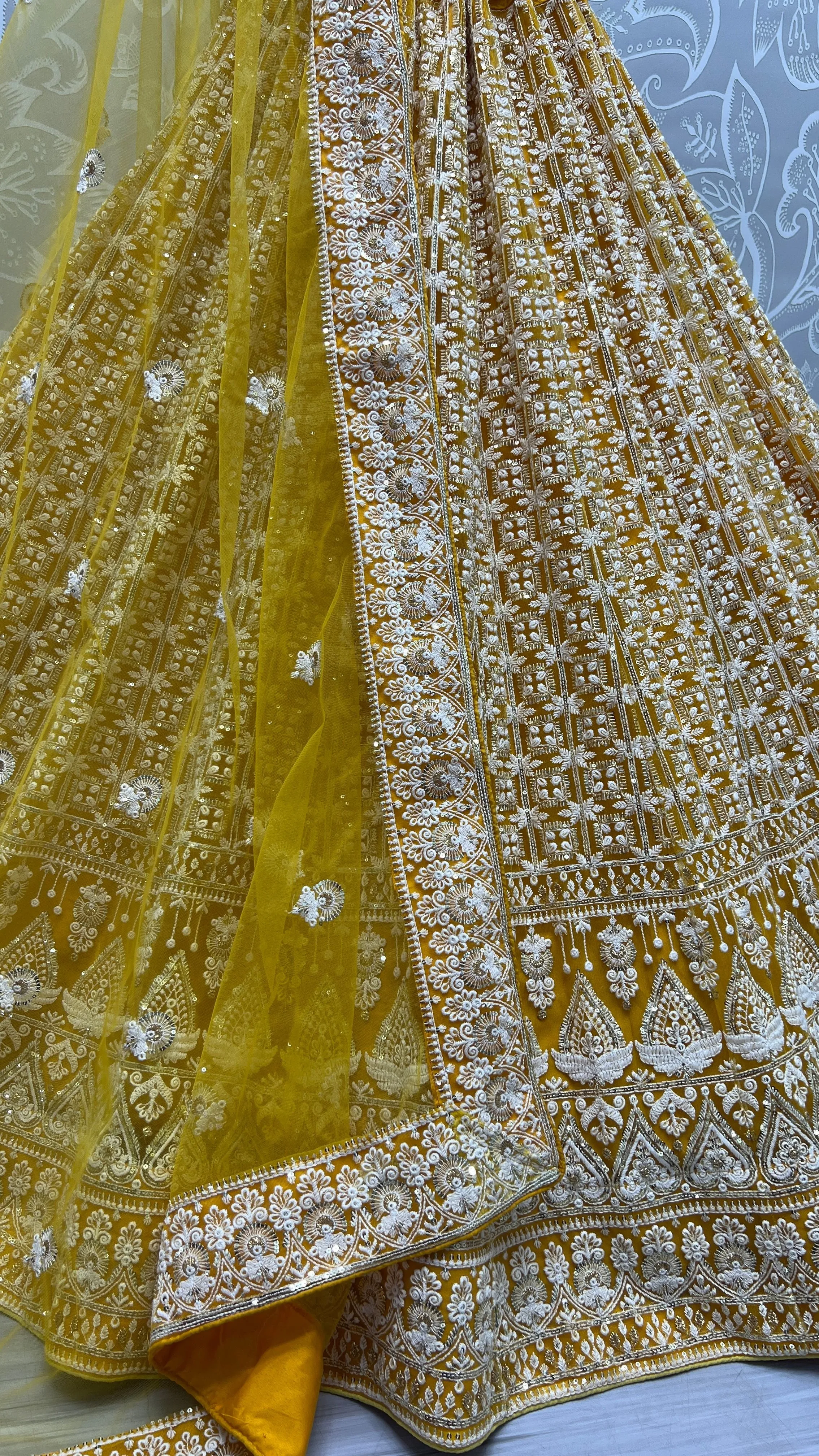 Yellow Bridal Silk Lehenga with Pure Net and Sequins Work Patterned thread work Bridal Lehenga Choli